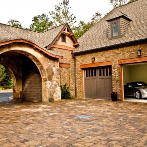 Beautiful garage...I'll take the car too. Double Volume, Travelers Rest, Garage Door Design, Porte Cochere, European House, Traditional Exterior, Craftsmen Homes, Drive Through, Mountain Homes