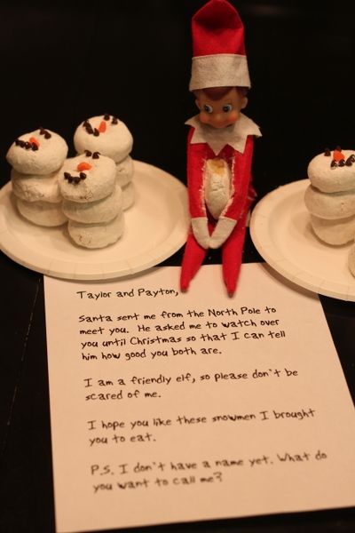 snowman donuts!! Elf On The Shelf Arrival Ideas First Year, Introduce The Elf On The Shelf, Introduction Elf On The Shelf Ideas, Intro Elf On The Shelf Ideas, Easy Elf On The Shelf Introduction, Elf Introduction, Introduction To Elf On The Shelf, First Visit From Elf On The Shelf, Elf On The Shelf Greeting Ideas