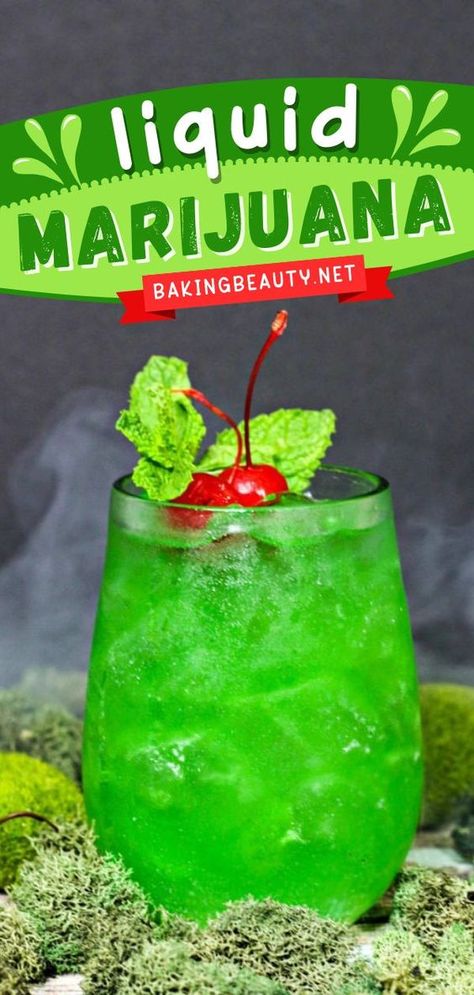 Movie Themed Drinks Cocktails, Walk Me Down Drink, Liquid Mary J Drink, Liquid Marajawana Drink Recipe, Liquid Marajawana Drink, Green Alcoholic Drinks For A Party, Liquid Marija Drink Recipe, Green Drinks Alcohol, St Patty Drinks