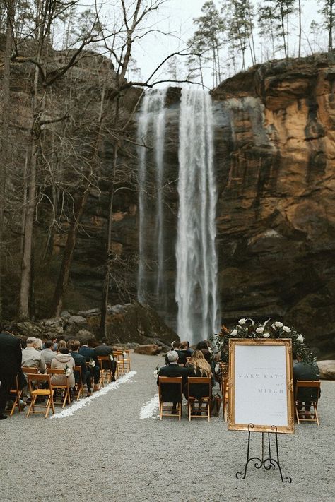 Wedding By Waterfall, Wedding Alters Outside, Cave Wedding Ceremony, Waterfall Wedding Ceremony, Cliff Wedding Ceremony, Flowers For Wedding Ceremony, Wedding Waterfall, Micro Wedding Ceremony, Forest Wedding Ceremony