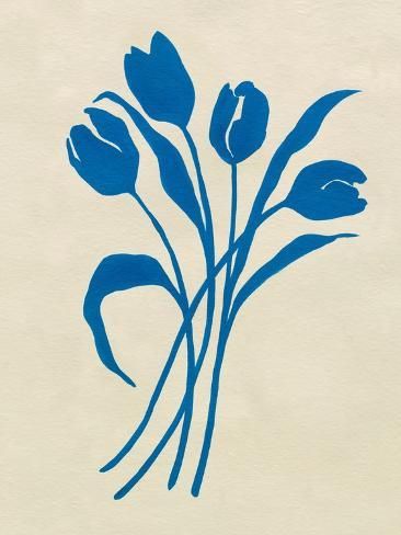 size: 12x9in Art Print: Blue Tulips II by Emma Caroline : Two Tone Art, Cute Art Print, Fabric Prints Design Textiles, Minimal Mural, Blue Prints Aesthetic, Floral Stencil Patterns, Simple Art Prints, Tulip Linocut, Flower Illustration Simple