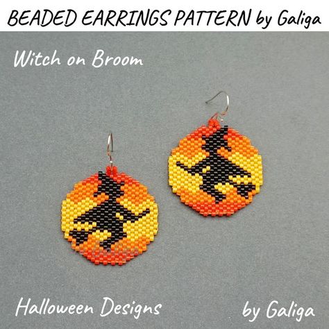 Witch on Broom Bead Earrings Pattern - Halloween Seed Bead B | Inspire Uplift Halloween Seed Bead, Beaded Earrings Pattern, Halloween Beaded Jewelry, Witch On Broom, Pony Bead Projects, Beaded Candle, Stitch Jewelry, Seed Bead Crafts, Earrings Pattern