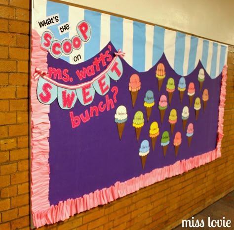 sweet Templates For Bulletin Boards | Miss Lovie: Ice Cream Bulletin Board and Ruffle Border Tutorial Ice Cream Bulletin Board, Candy Theme Classroom, Summer Bulletin Boards, Classroom Boards, Preschool Bulletin, Preschool Bulletin Boards, Back To School Bulletin Boards, Candy Theme, School Event