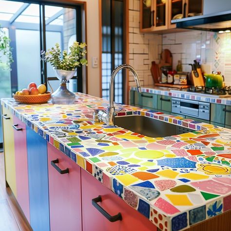 Ecosapiens | Picture a kitchen countertop adorned with a mosaic of vivid colors inspired by the Mediterranean: azure blues, sun-kissed yellows, fiery… | Instagram Earthy Greens, Mediterranean Kitchen, Fiery Red, Azure Blue, Kitchen Countertop, The Mediterranean, Sun Kissed, Kitchen Countertops, Dream Kitchen