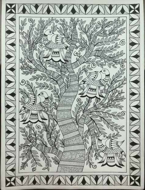 Madhubani Designs Printable, Anushree Dutta Madhubani, Madhubani Sketch, Madhubani Birds, Madhubani Tree, Worli Painting, Dyi Art, Ganesh Art Paintings, Madhubani Paintings