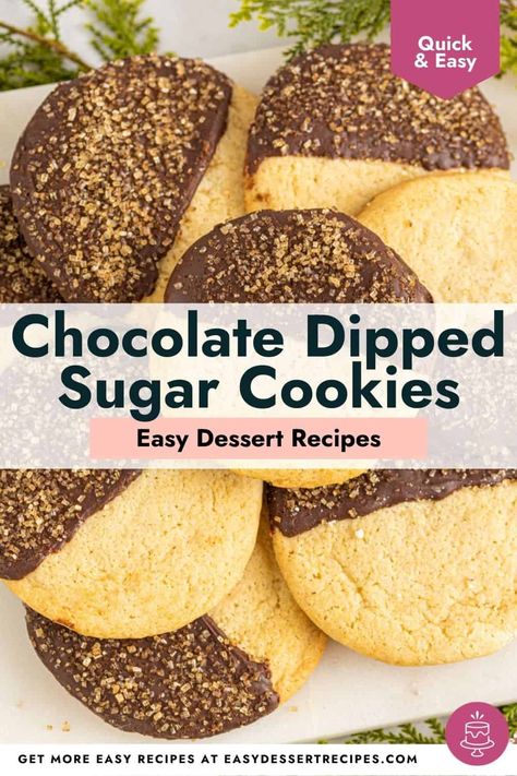 Chocolate dipped sugar cookies are the perfect addition to your holiday baking menu. These cookies are easy to make, full of flavor and dipped in chocolate-y goodness! Dipping Sauce For Cookies, Dark Chocolate Dipped Cookies, Chocolate Dip For Cookies, Dipping Cookies In Royal Icing, Chocolate And Powdered Sugar Cookies, Chocolate For Dipping Cookies, How To Dip Cookies In Melted Chocolate, Chocolate Dipped Sugar Cookies, Dipped Sugar Cookies