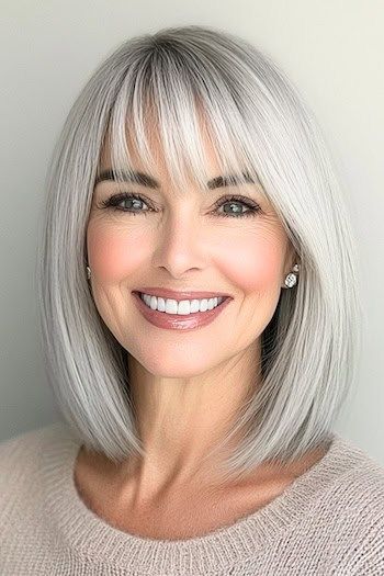 Save this pin for the best silver hair color ideas. This chic silver lob, also known as a long bob, combines manageability with modern style. Wispy bangs soften the look. Grey Shoulder Length Hair, Natural Grey Hair Styles, Silver Hair With Bangs, Style Wispy Bangs, Gray Hair With Bangs, Silver Hair Color Ideas, Hair Bobs, Haircut Gray Hair, Grey Hair With Bangs