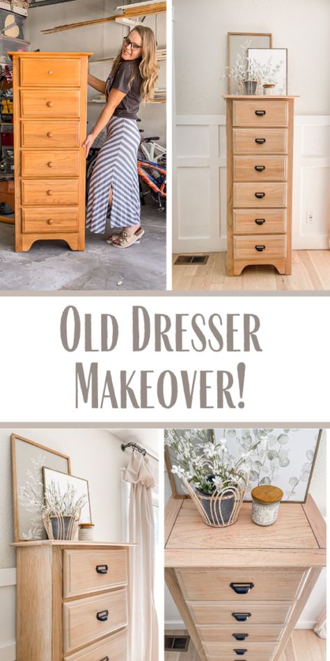 Oak Dresser Makeover Painted Wood Dresser Ideas, Easy Dresser Makeover Diy, Diy Tall Dresser Makeover, Honey Oak Dresser Makeover, Oak Headboard Makeover, Orange Oak Furniture Makeover, Refinish Oak Furniture, Dresser Stain Ideas, Birch Bedroom Furniture