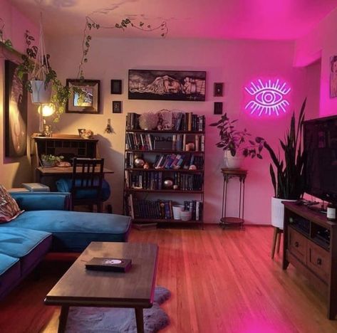 Neon Signs Living Room, Trippy Living Room Ideas, Salon Neon Sign, Eclectic Apartment Decor, Sign Image, Deco Studio, Dream Apartment Decor, Future Apartment Decor, Led Tubes