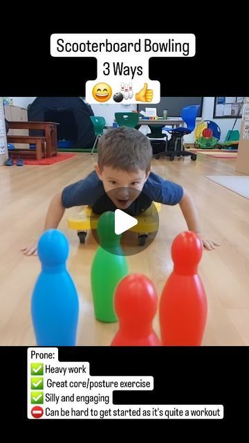 Adam Griffin on Instagram: "3 Ways to play one of my all-time favourite scooter board games for motor skills and sensory "heavy work" 😄🎳♥️  Prone: ✅️ Heavy work ✅️ Great core/posture exercise ✅️ Silly and engaging ⛔️ Can be hard to get started as it's quite a workout  Booster: ✅️ Super engaging and fun for the kid ✅️ Help with the hardest part of the exercise (getting moving) ✅️ Holding prone extension (superman) os a super position  ⛔️ Keep those hands high and watch the little fingers   Pushing the "Biggest Bowling Ball" 😁: ✅️ Really Heavy work (proprioception ++++) ✅️ Child led (let's the kid "crash" the adult 😅) ✅️ Super duper silly and engaging ⛔️ if its too heavy you can help out a little with your feet   I really do love this job 😄♥️🎳🤘  #occupationaltherapy  #motorskillsgames Scooter Board Activities For Kids, Sensory Circuits, Heavy Work Activities For Kids, Ball Games For Kids, Bowling Games For Kids, Kid Exercise, Heavy Work Sensory Activities, Aba Activities, Adapted Pe