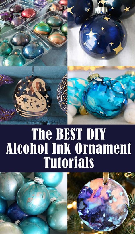 The BEST DIY Alcohol Ink Ornament Tutorials Pour Paint Ornaments Diy, Alcohol Ink Ornaments Glass Ball, Alcohol Ornaments, Alcohol Ink Christmas Ornaments, Alcohol Ink Ideas Tutorials, Alcohol Ink Ornaments, Alcohol Ink On Ceramic, Alcohol Ink Christmas, Recycled Ornaments