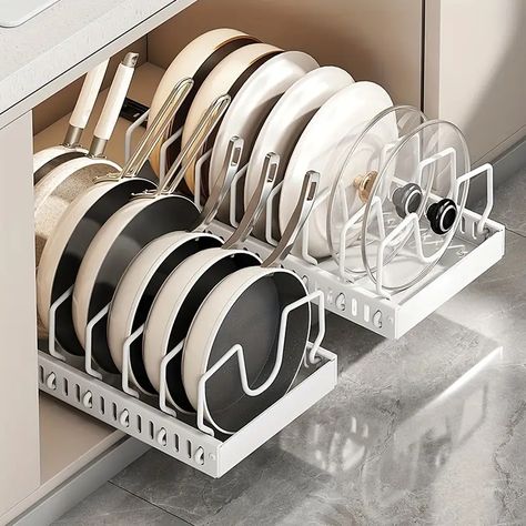 Temu Kitchen, Pull Out Kitchen Cabinet, Under Cabinet Storage, Cabinet Storage Solutions, Cookware Storage, Pot And Pans Organization, Iron Kitchen, Pot Organization, Pan Storage