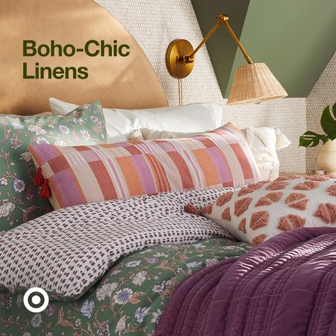 Transform your bedroom into a comfy coccoon with patterned quilts, textured pillows & cozy comforters. Boho vibes only. Boho Comforter Sets Target, Boho Chic Bedding Target, Target Bedding Ideas, Bedspread Ideas, Desert Bedroom, Cozy Comforters, Textured Pillows, Target Bedding, Bedding Sets Grey