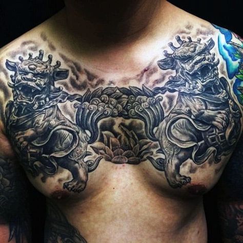 Foo Dog Chest Tattoo Design, Foo Dog Chest Tattoo, Dog Chest Tattoo, Chest Tattoo Japanese, Japanese Foo Dog, Foo Dog Tattoo Design, Foo Dog Tattoo, Tattoo Chest, Ancient Tattoo