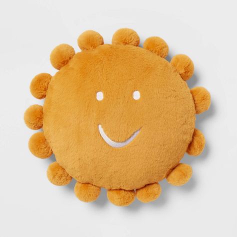 Add a cheerful accent to your child's bedroom decor with this Sunshine Pillow with Poms from Pillowfort™. Made from super-soft plush fabric in an orange hue, this round pillow has a sun design with a smiley face with white embroidered features and coordinating pompoms on the edge. They'll love to add this fun pillow to their sleeping space to create a comfy, friendly setting. Target Kids Bedroom, Sunshine Pillow, Target Kids, Nursery Patterns, Summer Pillows, Sensory Friendly, Pillow Fort, Round Pillow, Kids Bedroom Decor