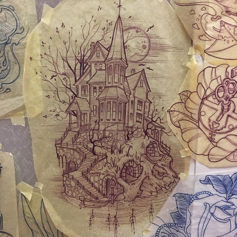 Creepy House Tattoo Design, Cute Haunted House Tattoo, Haunted House Tattoo Design, Witch House Tattoo, Victorian House Tattoo, Witchy Sleeve Tattoo, House Tattoo Ideas, Spell Book Tattoo, Tattoo Portfolio Ideas