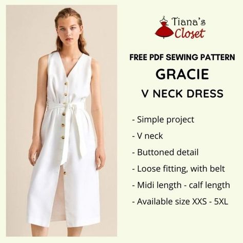 Gracie V neck buttoned dress – free PDF sewing pattern Paper To Print, Nightgown Pattern, Buttoned Dress, Flounce Hem Dress, Save The Earth, Free Pdf Sewing Patterns, Free Pdf Pattern, Gown Pattern, Dress Making Patterns