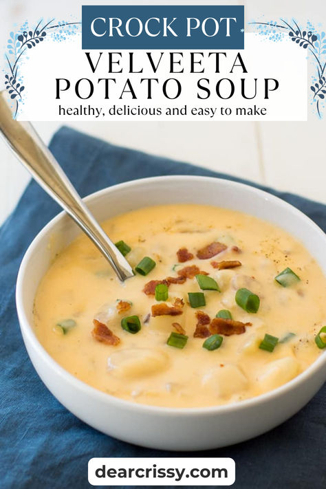 Crock Pot Velveeta Potato Soup is packed with the comforting flavors of Yukon Gold potatoes, savory garlic, and rich cheese. Perfect for chilly evenings, this easy-to-make potato soup combines hearty ingredients for a deliciously satisfying meal. Top with crispy bacon and fresh green onions for a delightful finish. Simple, creamy, and utterly delicious! Potato Soup Crock Pot Using Frozen Potatoes, Crockpot Ocharleys Potato Soup, Potato Velveeta Soup, Thick Potato Soup Crockpot, Crockpot Cheesy Potato Soup With Velveeta, Crockpot Potato Soup With Velveeta, Simple Cheesy Potato Soup, Potato Soup Gold Potatoes, Potato Soup Recipe With Velveeta Cheese