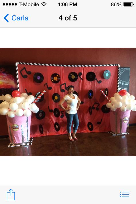 Backdrop for a Fifties Party. 1950s Prom Decorations, Fifties Party Decorations, Decades Backdrop, Sock Hop Party Ideas For Adults, 50s Theme Party Decorations, 50s Bulletin Board Ideas, 50s Decorations Party, 50s Prom Theme, Grease Movie Party Ideas