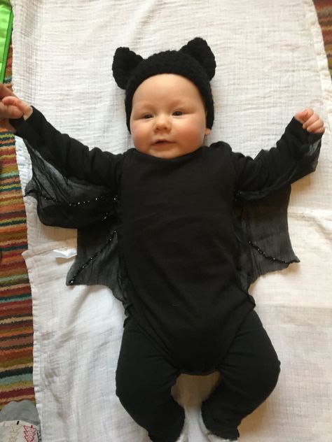 Homemade bat costume Diy Baby Bat Costume, Bat Baby Costume, Baby Bat Costume, Diy Infant Bat Costume, Vintage Bat Halloween Costume, Infant Bat Costume, One Year Old Bat Costume, Homemade Baby Costumes, Newborn Bat Costume