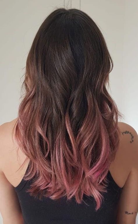 Asian Hair Ideas Color, Brown Rose Gold Hair Balayage, Black Hair With Highlights Colorful, Rose Gold Hair On Brown Hair, Brown To Pink Balayage Rose Gold, Brown And Rose Gold Hair Ombre, Pink Ombre Brown Hair, Pink Overtone Brown Hair, Light Brown And Burgundy Hair