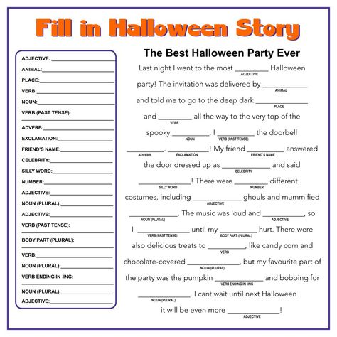 Fill In The Blank Story, Halloween Activities For Teens, Halloween Science Worksheets, Esl Halloween Activities, Halloween Esl Printables, History Of Halloween Worksheets, Halloween Mad Libs, Halloween Sentences, Halloween Language Arts