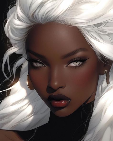 Blasian Drawing, Beautiful Woman Drawing, White Character, Black Female Oc Art, Female Character Design White Hair, Black Woman White Hair, White Hair Character Design Female, Black Fantasy Art, Black Character Design Female