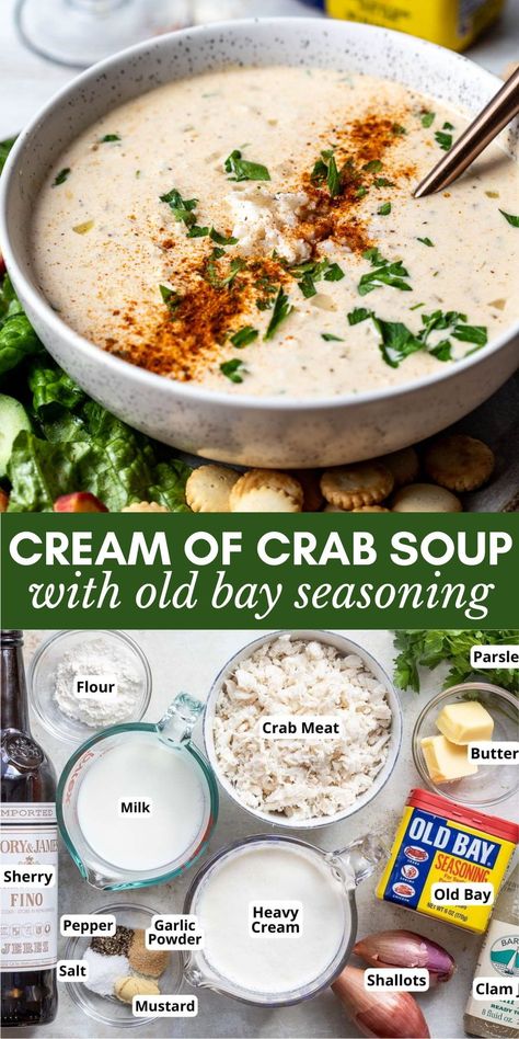 This Cream of Crab Soup is bursting with lump crabmeat and full of Maryland flavor, thanks to Old Bay Seasoning. So creamy and decadent. Lump Crab Soup, Cream Crab Soup, Cream Of Crab Soup Recipe Maryland, Maryland Crab Bisque, Cream Of Crab Soup Maryland With Sherry, Crab Stew Recipe Simple, Heavy Cream Soup Recipes, Coconut Cream Recipes Dinner, Crab Bisque Recipe Best