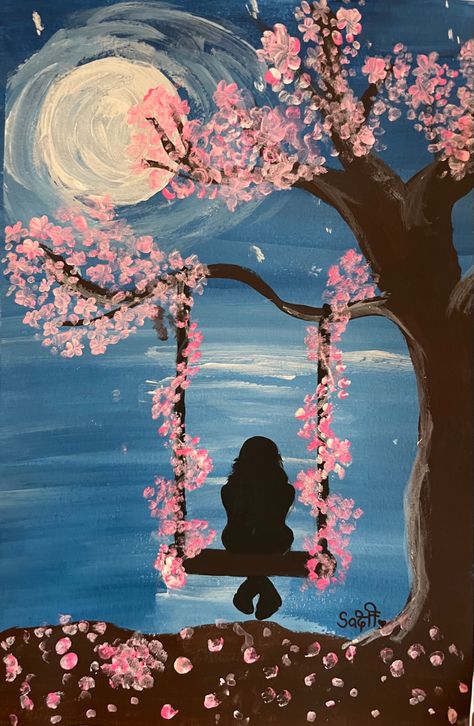 Cherry Blossom Drawing Tree, Peaceful Drawings Ideas, Peace Painting Ideas, Easy Cherry Blossom Painting, Peaceful Drawings, Cherry Blossom Tree Drawing, Peaceful Paintings, Peaceful Drawing, Paint Illusions