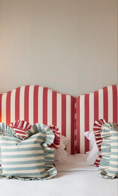 Striped Upholstered Headboard, Red Striped Bedding, Striped Pillows On Bed, Country Living Uk, Big Bedrooms, Accent Wall Bedroom, Big Girl Rooms, Girls Bedroom, Girl Room