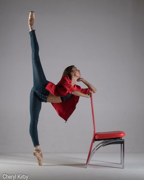 Kate Byrne with red chair by Cheryl Kirby Photography Dance Poses With Chair, Dance Concept, Ballet Photoshoot, Chair Dance, Dance Photoshoot, Dance Picture Poses, Ballet Studio, Chair Pose, Dance Photo