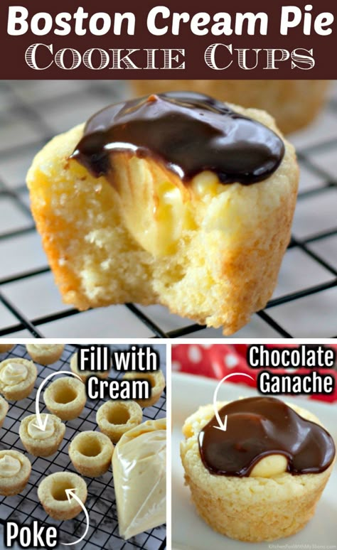 Boston Creme Pie, Sugar Cookie Cups, Cookie Cups Recipe, Dessert Mini, Pie Bites, Boston Cream Pie, Torte Cupcake, Cream Pie Recipes, Boston Cream