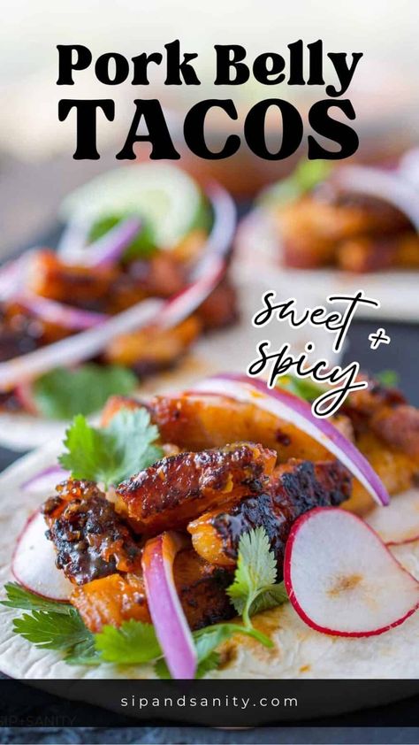 Explore a world of flavor with our Easy Pork Belly Tacos Recipe! Crispy, spicy, and oh-so-satisfying! Slow roasted for tenderness, then crisped up in a skillet and tossed with a honey chipotle salsa. These are delicious and addictive! Bar Taco Pork Belly Tacos, Korean Bbq Pork Tacos, Bartaco Pork Belly Taco Recipe, Mexican Pork Belly, Pork Roast Tacos, Pork Belly Tacos Recipe, Pork Belly Marinade, Easy Pork Belly, Best Pork Belly Recipe