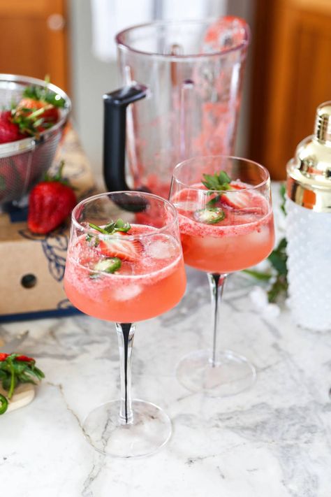 Spice it up with this Jalapeño Strawberry Cocktail Strawberry Puree For Drinks, Strawberry Cocktail Recipe, Strawberry Jalapeno Jam, Cocktail Strawberry, Cabin Food, Strawberry Cocktail, Valentine Cocktails, Jalapeno Jam, Strawberry Cocktails