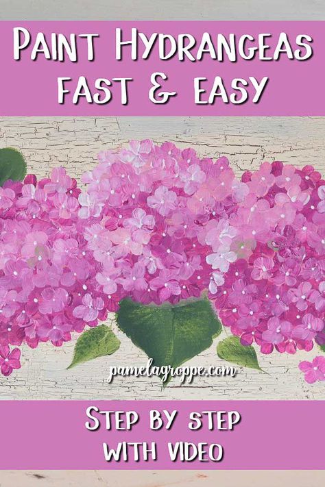 Learn how to paint pretty pink hydrangeas fast and easy. Beginner friendly lesson with step by step instructions. A free video is included for you to watch over and over again. A great starting painter project. Paint a sign or canvas, the choice is yours. #paintinglesson #easypainting #diydecor Paint Hydrangeas, Hydrangeas Painting, Pink Hydrangeas, Hydrangea Painting, Acrylic Painting Flowers, Learn How To Paint, Acrylic Painting Tutorials, Acrylic Painting Techniques, Flower Patch