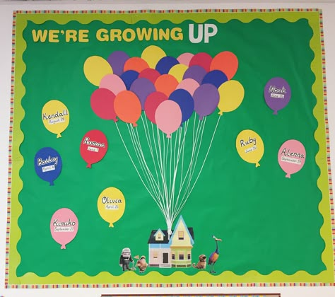 Birthday Bulletin Board Ideas Preschool, Birthday Preschool Board, Birthday Boards Preschool, Birthday Board Themes, Prek Birthday Board Ideas, Up Theme Classroom, May Birthday Bulletin Board Ideas, Pre K Birthday Board Ideas, Daycare Board Ideas