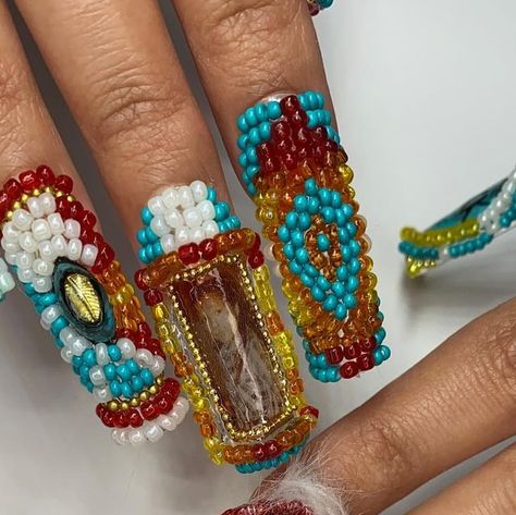 Indigenous Nails, Beaded Nails, Native Nails, Native American Heritage Day, Heritage Day, Native American Heritage Month, Turtle Island, Long Acrylic, Native American Heritage