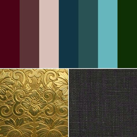 Wedding color scheme inspiration (the light blue isn't a soft, dusty blue like it should be, but the app wouldn't get the right color). Green is for floral arrangements, gold is metallic accents, and charcoal gray is for guys' suits. Most things will be shades of wine/burgundy to blush or deep teal to light dusty blue. Guys Suits, Color Scheme Inspiration, Wedding Colors Schemes, Blue Wedding Colors, Wedding Color Scheme, Brown Color Schemes, Gold Color Palettes, Yellow Colour Scheme, Colors Schemes