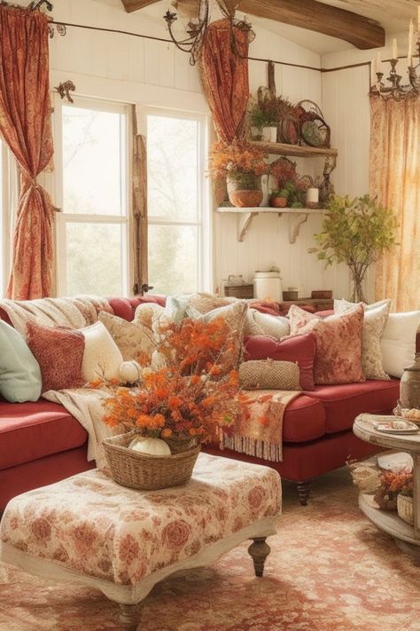 Step into an opulent autumnal embrace with this Warm Rustic Autumn Farmhouse Living Room. The blend of ornate textures, plush seating, and harvest hues creates an inviting space. Rustic shelving displays earthy décor, while flowing curtains frame the window. Indulge in timeless elegance and coziness with rich reds and golden accents. 🍂💫 Unearth similar treasures for your walls Flowing Curtains, Rustic Shelving, Cottage Cozy, Autumn Farmhouse, Fall Living Room Decor, Rustic Autumn, Fall Living Room, Casa Country, Cottage Living Rooms