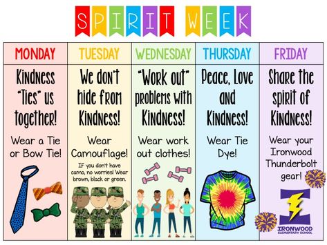 #kindness #spiritweek #kindspirirweek #virtualspiritweek Pta Kindness Week, Spirits Week Ideas, Spirit Days For Preschool, Pta Spirit Week Ideas, Office Spirit Day Ideas, Kindness Week School, Spirit Week For Workplace, Elementary Spirit Days, Spirit Week Ideas For Elementary School