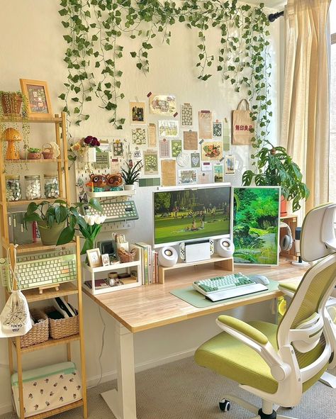 Cozy Pc Gaming Setup, Cute Wfh Setup, Cozy Study Space Aesthetic, Garden Theme Office, Cozy Desk Decor, Cottagecore Desk Aesthetic, Artsy Desk Setup, Bedroom Desk Setup Ideas, Desk Setup In Front Of Window