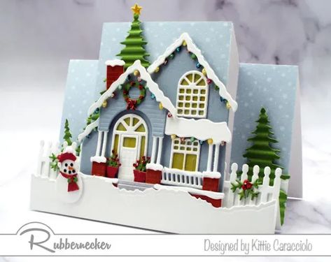 Have you seen the Rubbernecker Christmas In July 2022 Release? If not, get on over there! If yes, then you saw the Tabbed House and Snow Accessories for House set and this card is one of the results of my getting to play with them ahead of time. All these amazing die cut architectural and seasonal details are so easy to create and then coloring and assembling them was so fun. Watching this scene come to life is the best! Pin this as a Christmas card or even as a new home card. Snowy House, Xmas Village, Center Step Cards, Cardmaking Techniques, House Cards, Friend Cards, Handmade House, Tarjetas Pop Up, House Card