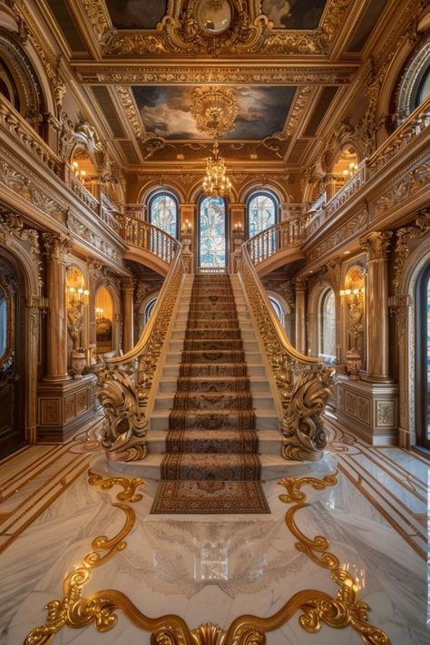 Royal Mansion Aesthetic, Neoclassical Staircase, Royal Palace Aesthetic, Royal Castles Interior, Dream House Pictures, Kitchen Wall Design, Neoclassical Home, Castle House Design, Staircase Railing Design