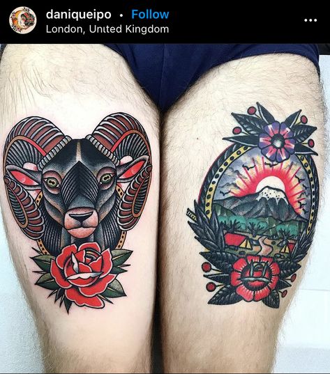 Traditional Style Aries Tattoo, Ram Skull Tattoo Traditional, Neo Traditional Goat Tattoo, Buffalo Head Tattoo Traditional, American Traditional Aries Tattoo, Old School Goat Tattoo, American Traditional Capricorn Tattoo, Mountain Goats Tattoo, Ram Tattoo Traditional