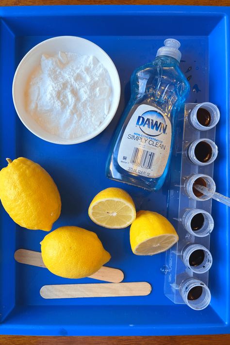 Lemon Volcanoes – Sizzling Science Experiment - Friends Art Lab Lemon Volcano, Baking Soda Experiments, Volcano Experiment, Imagination Tree, Summer Science, Edible Paint, Silly Putty, Science Projects For Kids, Science Activities For Kids