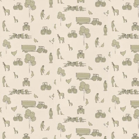 Green Country Wallpaper, Nursery Green Wallpaper, Farmer Nursery, Green Wallpaper Nursery, Farmyard Nursery, Tractor Wallpaper, Farm Pattern, Farm Wallpaper, Farm Animals Nursery Theme