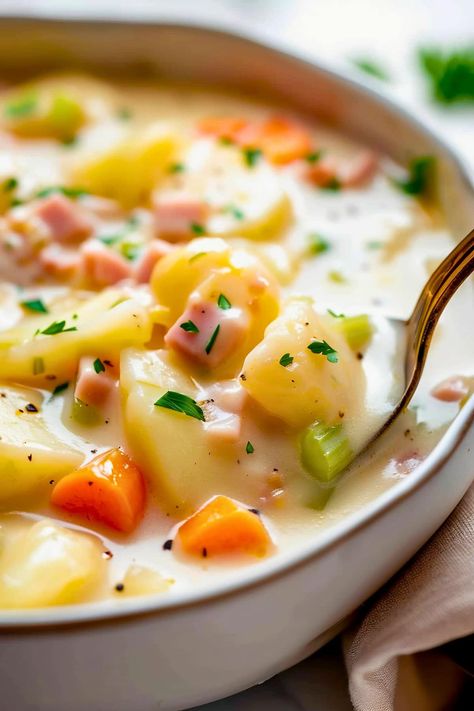 This ham and potato soup is rich, creamy, and so satisfying! It's loaded with ham and potatoes but also carrots, celery, and onions. Warm up with a bowl today! Ham Potato Carrot Soup, Potato Soup With Carrots And Celery Recipe, Ham And Vegetable Soup Recipes, Potato Soup With Carrots And Celery, Easy Ham Potato Soup, Healthy Ham And Potato Soup, Easy Ham And Potato Soup, Ham Soups, Potato Ham Soup