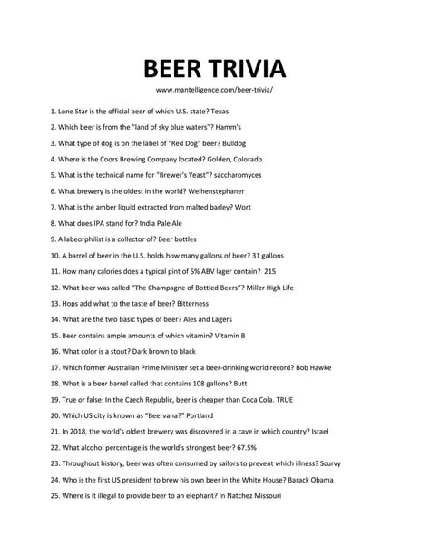 Downloadable and printable jpg/pdf list of beer trivia Beer Tasting Sheet Printable, Oktoberfest Trivia, Trivia Questions And Answers For Adults, Drunk Olympics, Beer Tasting Party Printables, Beer Trivia, Bar Trivia, Word Brain Teasers, History Trivia Questions