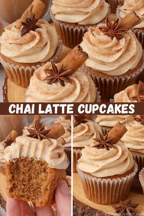 Recipe for Chai Latte Cupcakes with step by step photos. Delicious warming cupcakes made with chai tea, topped with a spiced buttercream #thebakingexplorer #chailatte #chailattecupcakes #cupcakerecipe #cinnamoncupcakes Chai Cupcake Recipe, Chai Latte Cupcakes, Chai Latte Recipe, Spiced Buttercream, Autumn Baking, Creamy Frosting, Fall Baking Recipes, Baking Hacks, Drink Inspiration