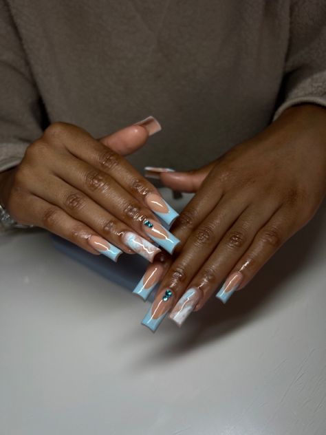 French Tip With Accent Nail Design, Ice Blue French Tip Nails, Girly Acrylic Nails Blue, Nails With Blue Accent, Blue Valentine Nails, Baby Shower Nails Boy, Nails Inspiration Blue, Blue Summer Nails, Light Blue Nail Designs